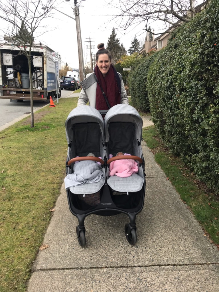 Twin mama pushing a stroller - no photos